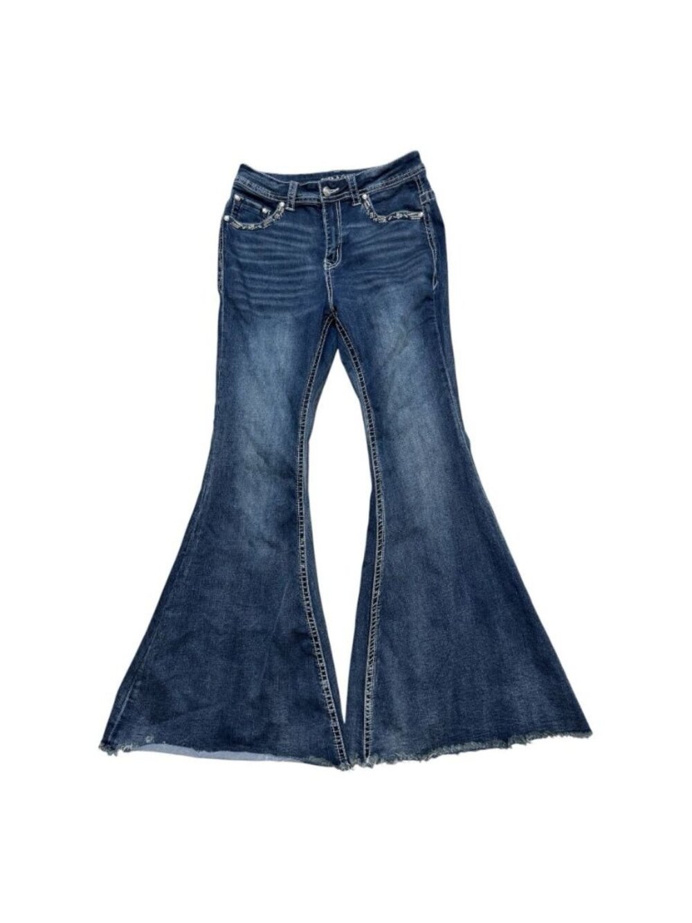 Grace in LA High Waist Flare Jeans Womens 29 Dark Wash Bell Bottom Raw Hem
